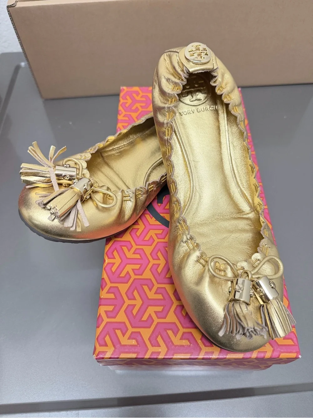 Tory Burch Gold Leather Tassel Ballet Flats
